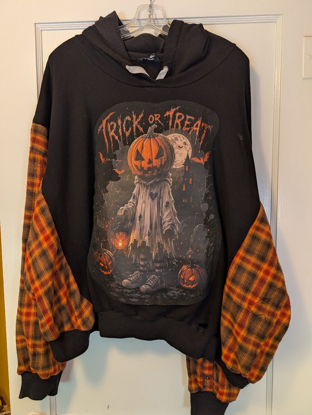 Handmade Upcycled Buffalo David Bitton XXL Halloween Pumpkin Plaid Hoodie